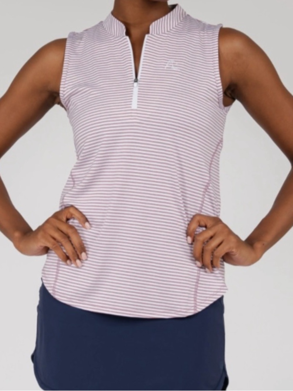 NEW Rhoback Women's Sleeveless Pink Striped 1/4 Zip Mock Polo Shirt Large L Golf